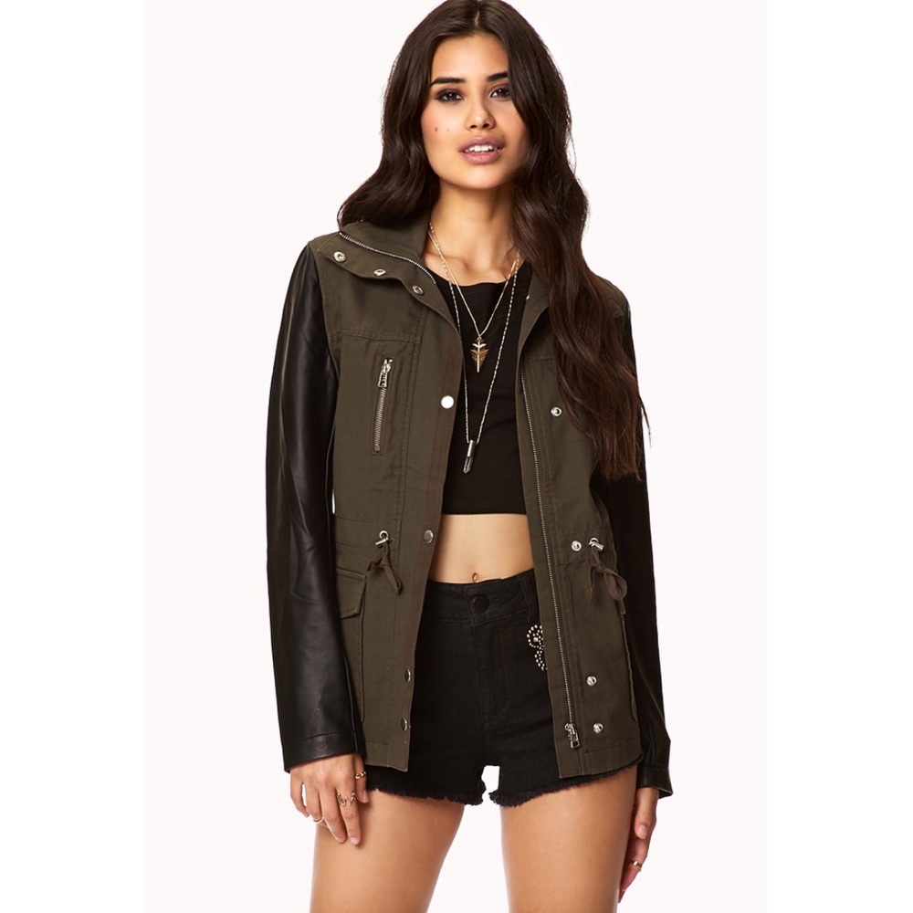 Utility Jacket w/ Faux Leather Sleeves